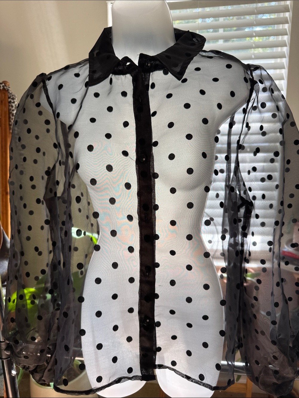 Black Sheer Polka Dot Button Down Blouse Puff Sleeve Top